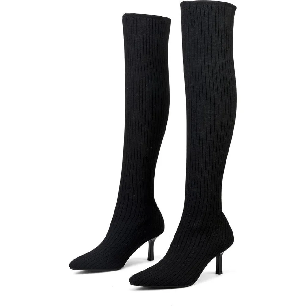 Women's Black Thigh High Socks Pointed Toe Over-the- Knee High Heel Boots